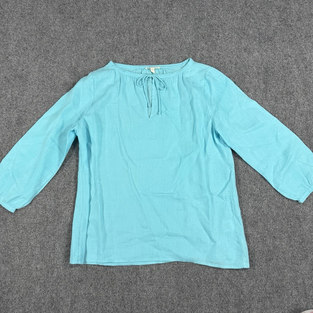 Eileen Fisher Linen Top Petite Small Blue Tie Neck 3/4‎ Sleeve Read